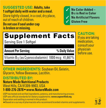 Nature Made Vitamin B12 1000 mcg – One Simple Softgel for Uncluttered Supplement Shelves, 150 Softgels, 150 Day Supply