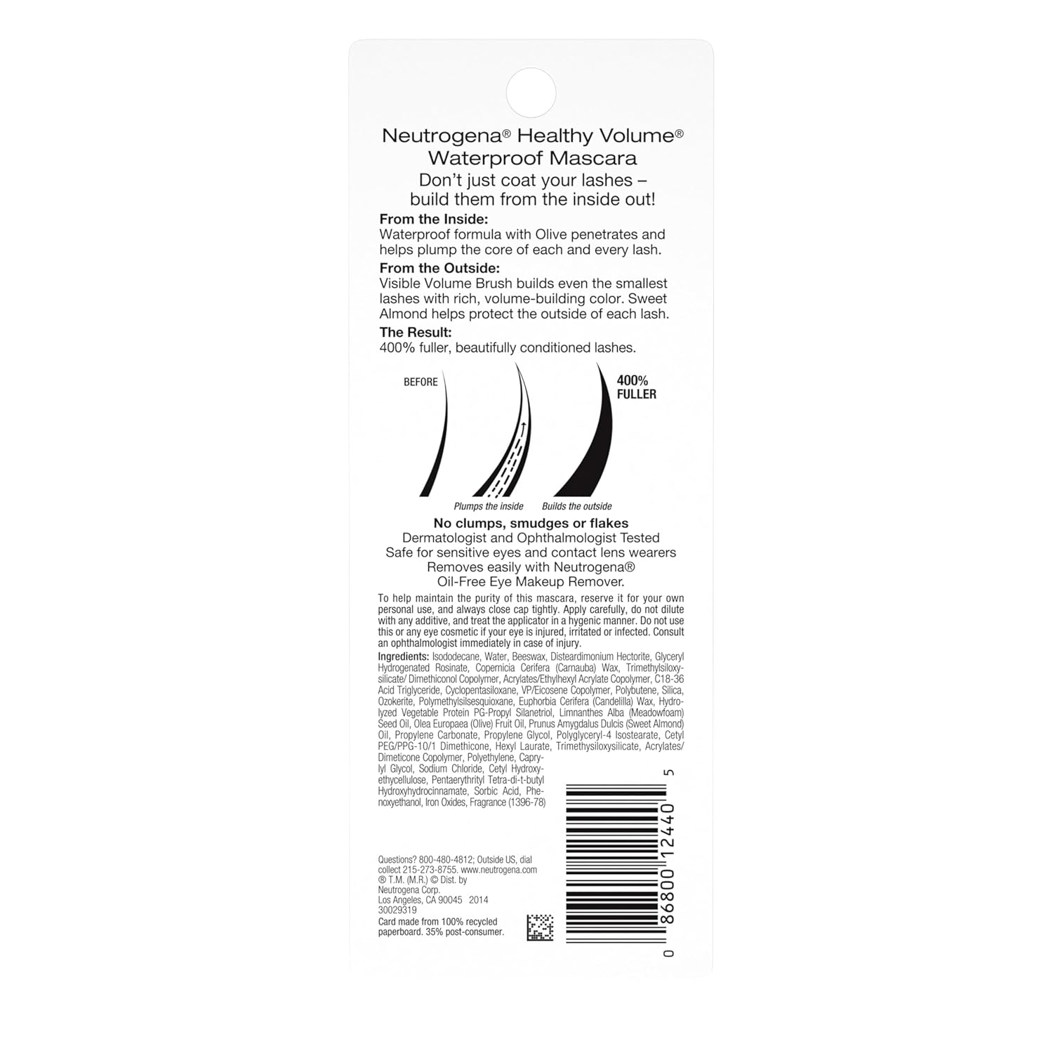 Neutrogena Healthy Volume Lash-Plumping Waterproof Mascara – Gentle Choice for Sensitive Eyes and Contact Lens Wearers, Dermatologist- and Ophthalmologist-Tested