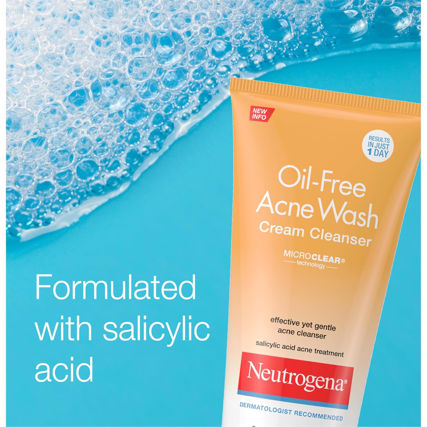 Neutrogena Oil-Free Acne Face Wash Cream Cleanser 2% Salicylic Acid – Streamlined Daily Cleanser for Clean, Simple Routines