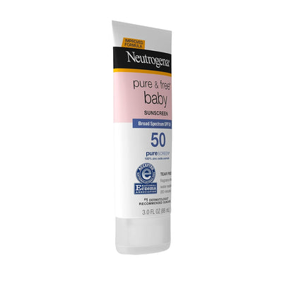 Neutrogena Pure & Free Baby Mineral Sunscreen Lotion SPF 50 – Gentle Sun Protection for Toddlers at the Beach, Pool and Park, 3-Pack