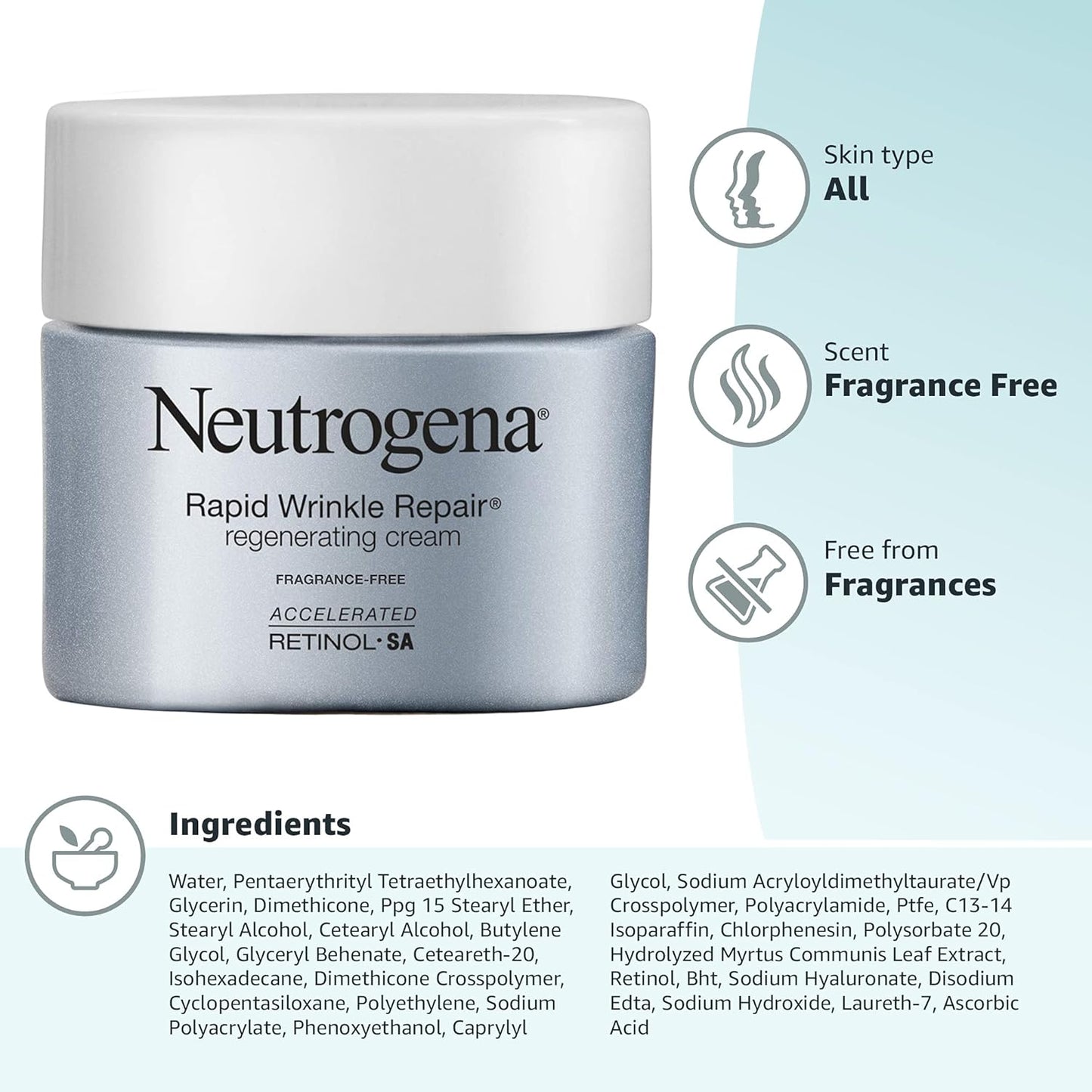 Neutrogena Rapid Wrinkle Repair Retinol Cream – Nightly Anti-Aging Ritual for Face & Neck, Fragrance-Free Hyaluronic Acid Moisturizer