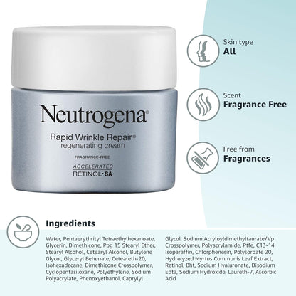 Neutrogena Rapid Wrinkle Repair Retinol Cream – Nightly Anti-Aging Ritual for Face & Neck, Fragrance-Free Hyaluronic Acid Moisturizer