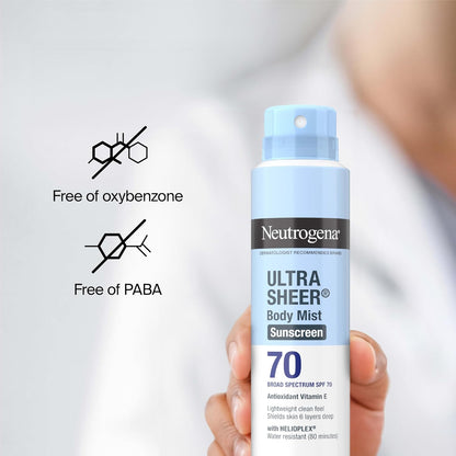 Neutrogena Ultra Sheer Body Mist Sunscreen Spray SPF 70 – Portable Sun Protection for Hiking, Biking, and Beach Days, 80-Minute Water Resistant, 5 oz Pack of 3