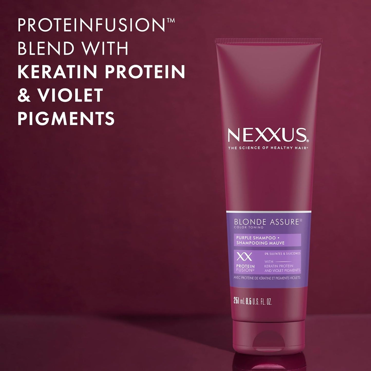 nexxus h4 complex targeting four signs of hair health: strength, elasticity, shine, and moisture