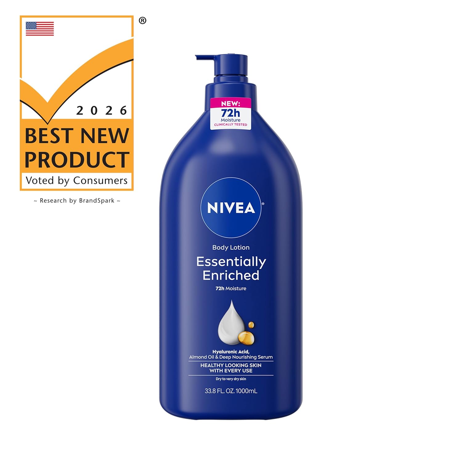 NIVEA Essentially Enriched Body Lotion for Very Dry Skin with Hyaluronic Acid, Streamlined 50% Recycled Packaging and Effortless Daily Moisture, 33.8 Fl Oz