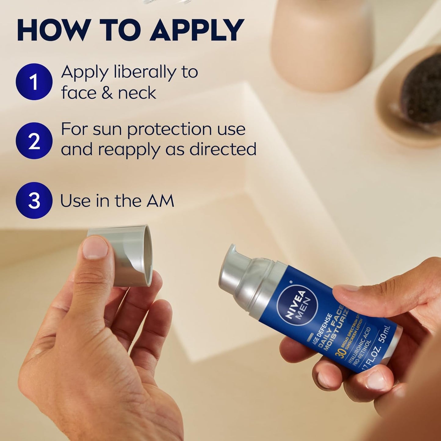 NIVEA MEN Age Defense Face Moisturizer with SPF 30 – Morning Self-Care Ritual for Men Targeting Fine Lines and Loss of Firmness