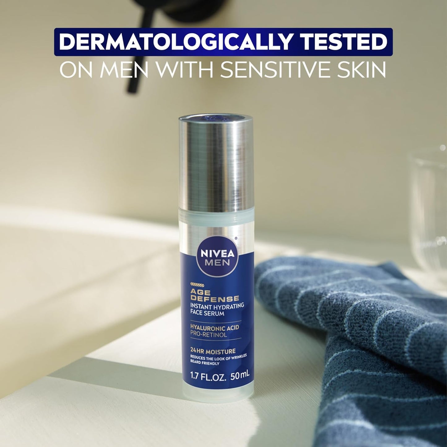 NIVEA MEN Age Defense Instant Hydrating Face Serum for Dry Skin – Premium Pro-Retinol Treatment, 1.7 Fl Oz