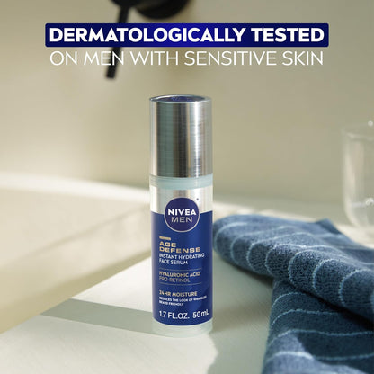 NIVEA MEN Age Defense Instant Hydrating Face Serum for Dry Skin – Premium Pro-Retinol Treatment, 1.7 Fl Oz