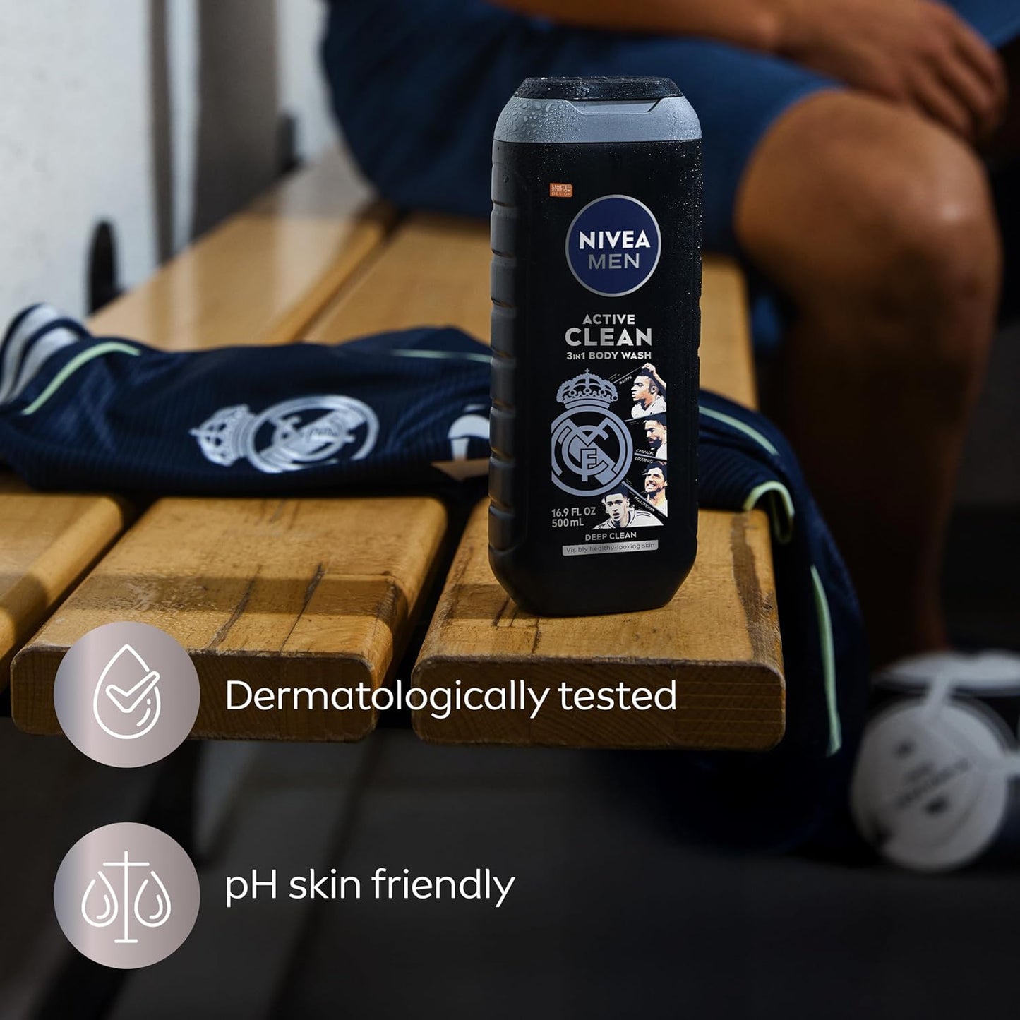 NIVEA MEN Real Madrid Active Clean 3-in-1 Charcoal Body Wash – One Bottle Shower Solution for the Streamlined Bathroom