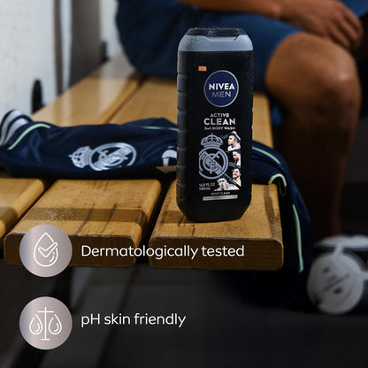 NIVEA MEN Real Madrid Active Clean 3-in-1 Charcoal Body Wash – One Bottle Shower Solution for the Streamlined Bathroom