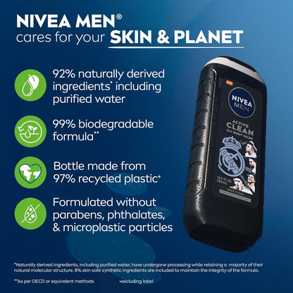 NIVEA MEN Real Madrid Limited Edition Body Wash – Birthday Gift for the Ultimate Fan, 3-in-1 Charcoal Shower Set