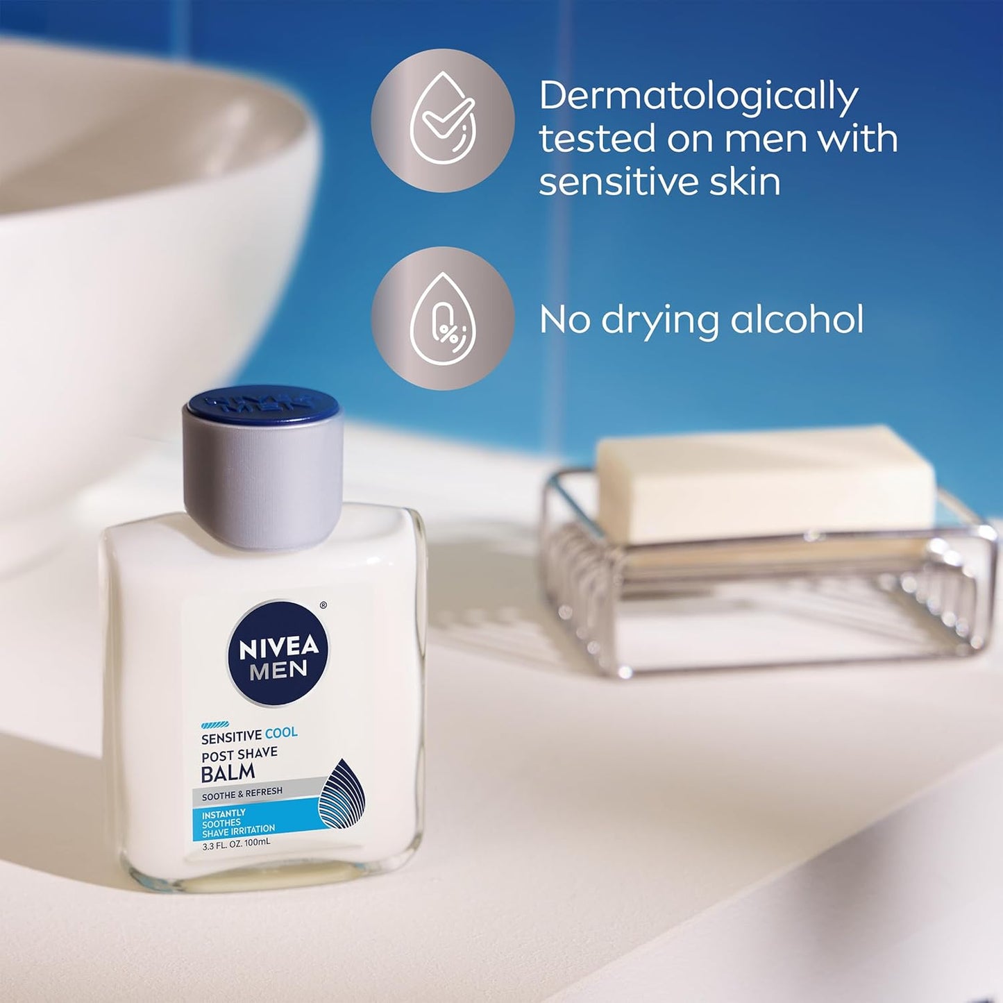 NIVEA MEN Sensitive Cool Post Shave Balm, Daily Soothing Aftershave Ritual for Sensitive Skin Wellness, Alcohol-Free Chamomile and Seaweed Formula, 3.3 Fl Oz Bottle, Pack of 3