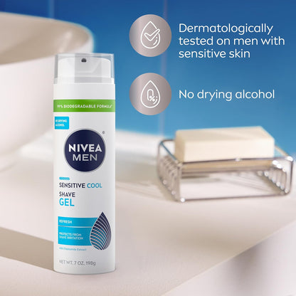 NIVEA MEN Sensitive Cool Shave Gel for Sensitive Skin, Alcohol Free Shaving Gel with Chamomile Extract, 7 Oz Can, Pack of 3 – Streamlined Three-Pack Supply for an Uncluttered Vanity