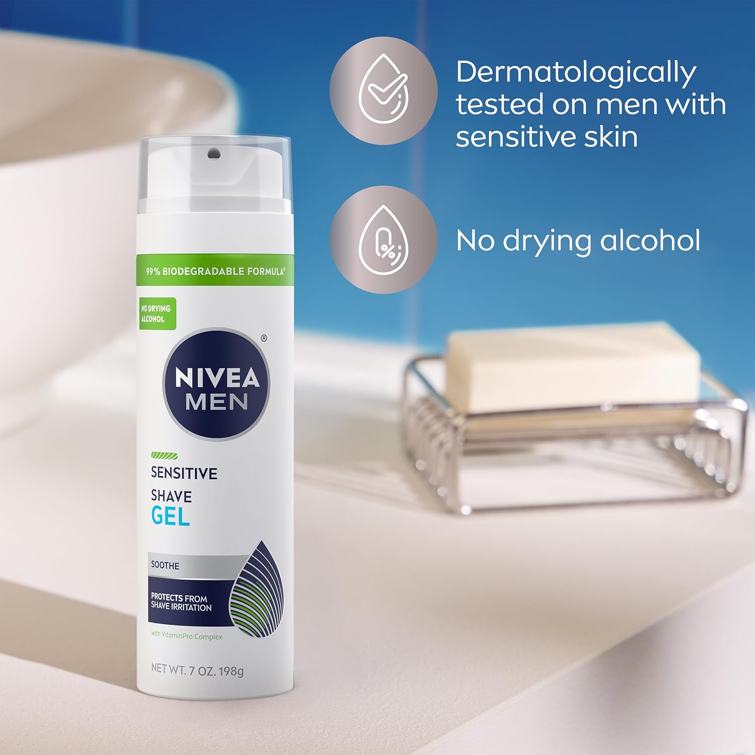 NIVEA MEN Sensitive Shave Gel – Streamlined Shave Routine for Sensitive Skin, No-Frills VitaminPro Formula, 7 Oz, Pack of 3