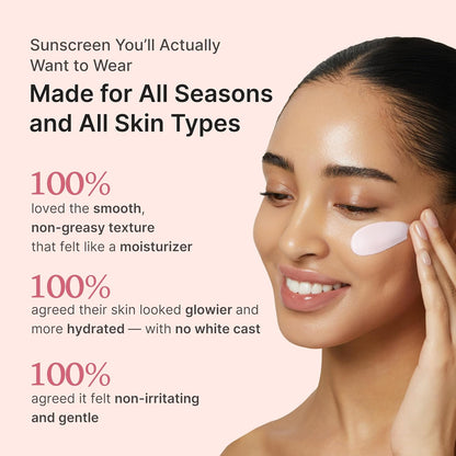 no-white-cast, lightweight cream formula compatible with all skin tones and types