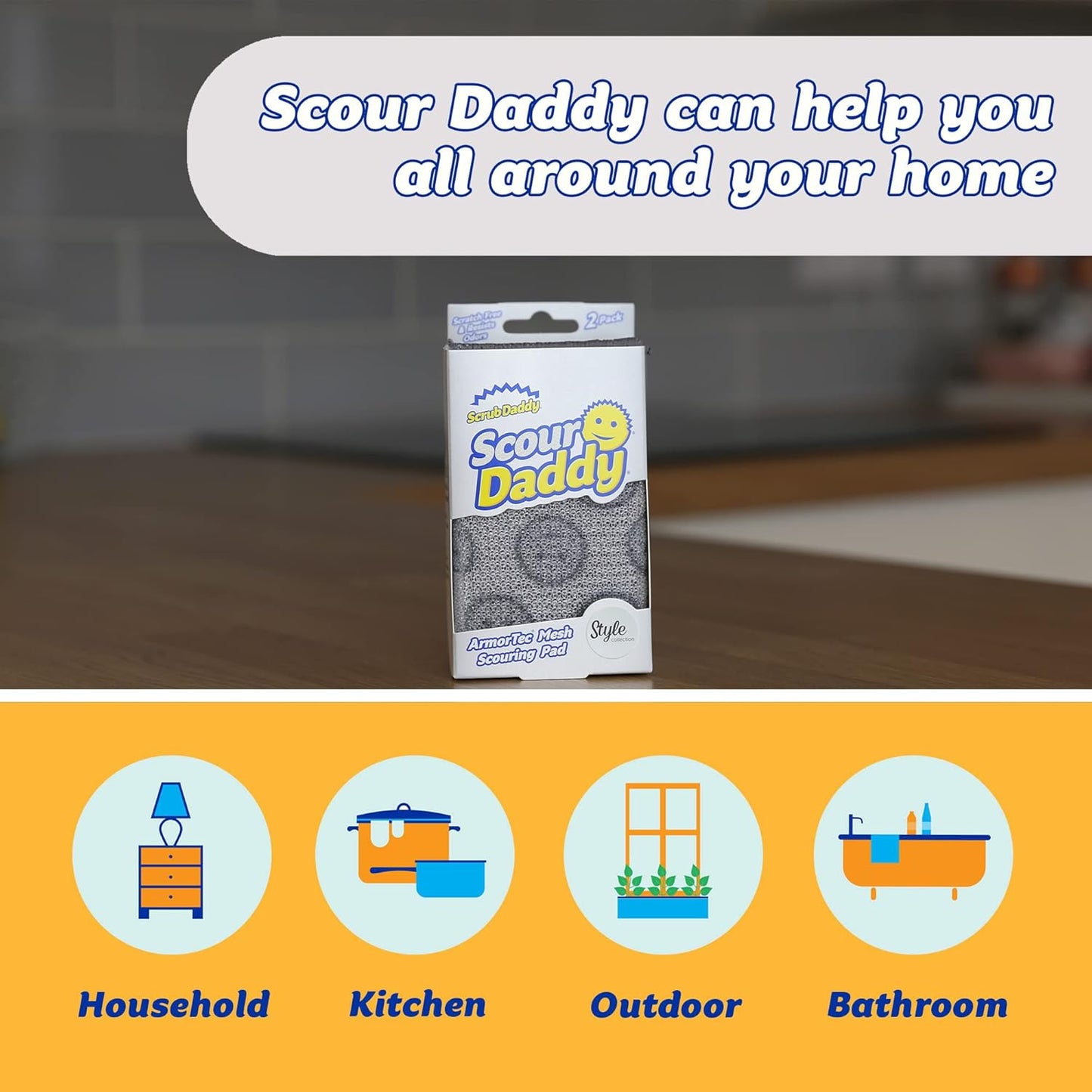 non-scratch scouring surface safe for stainless steel, cast iron, dishes, and kitchen surfaces
