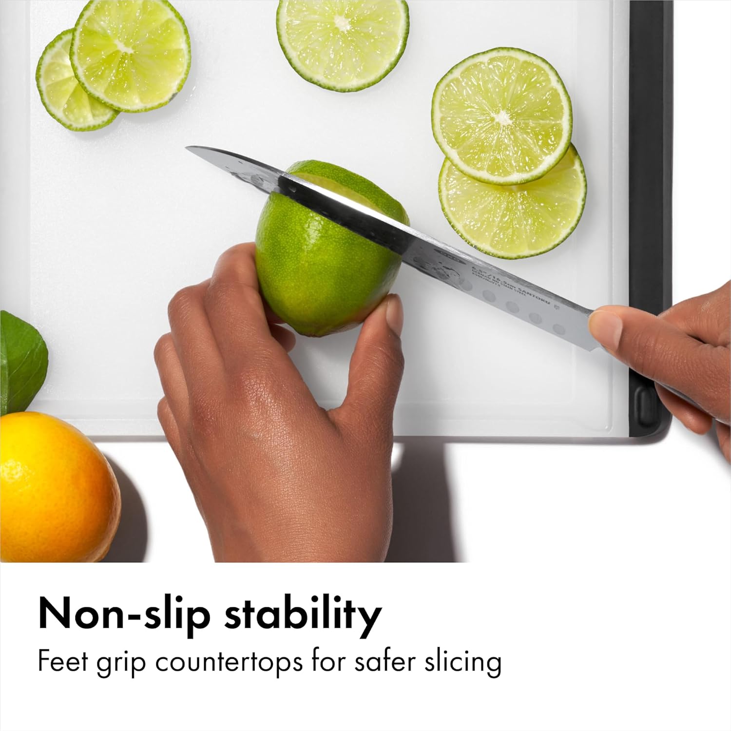 non-slip feet that grip countertops during chopping and slicing
