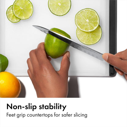 non-slip feet that grip countertops during chopping and slicing