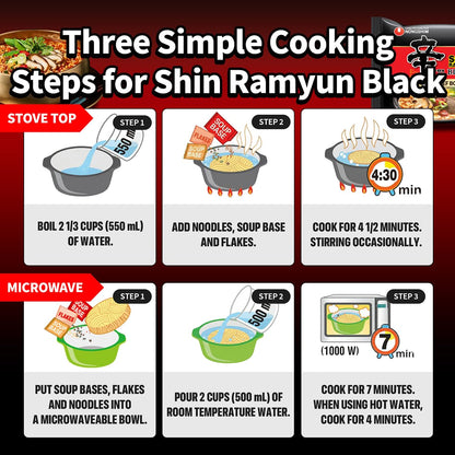 Nongshim Shin Ramyun Black – Quick Microwavable Lunch for Home Office Focus, Spicy Korean Noodles 16 Pack