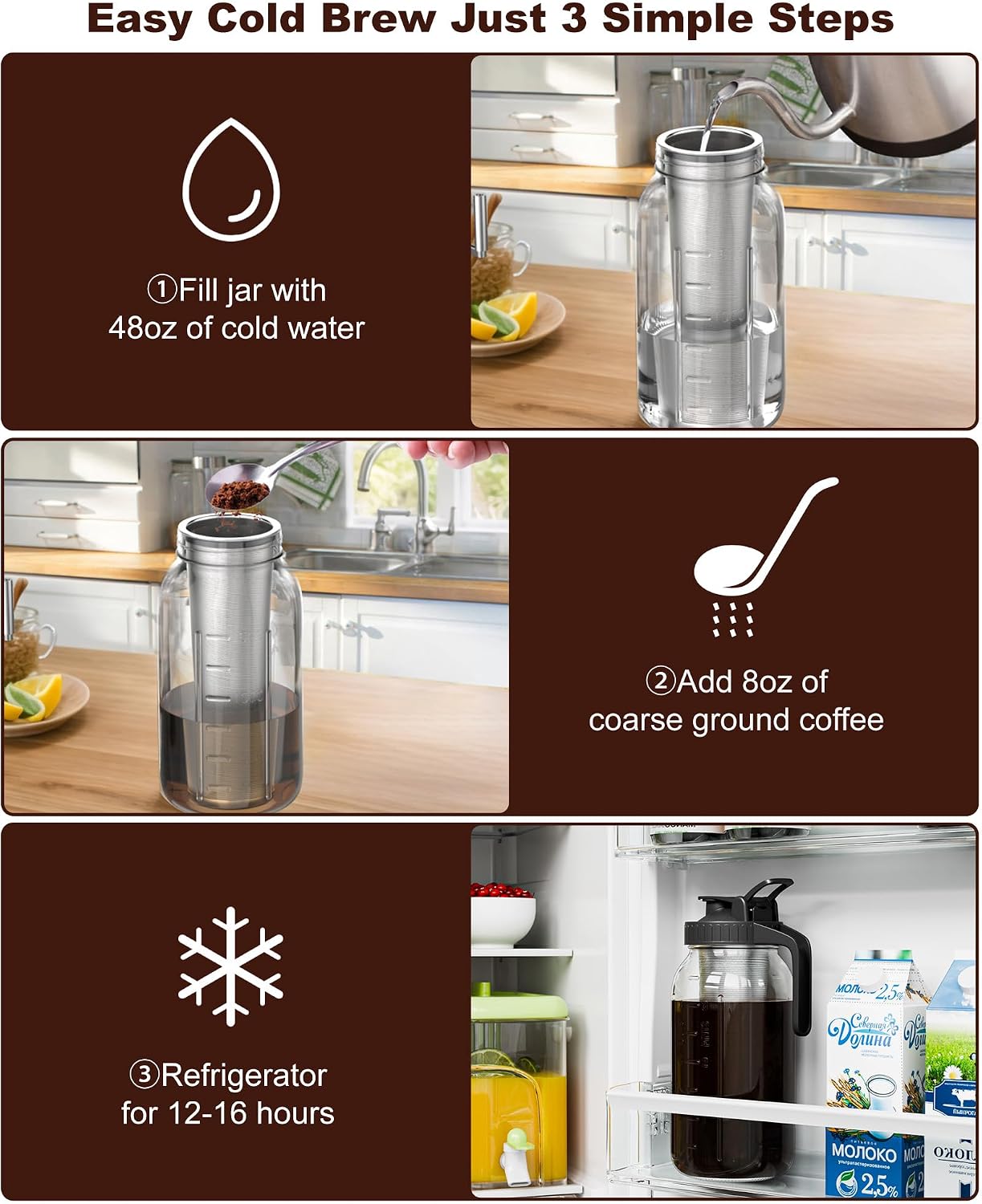 NUFUEDU Airtight Glass Cold Brew Jar – Stackable Flat-Storage Pitcher for Fridge Organization and Prep
