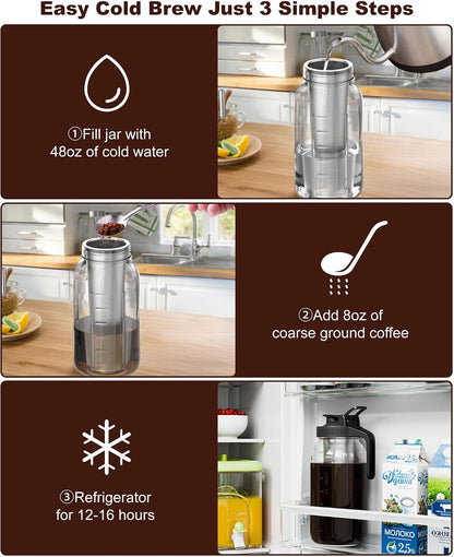 NUFUEDU Airtight Glass Cold Brew Jar – Stackable Flat-Storage Pitcher for Fridge Organization and Prep