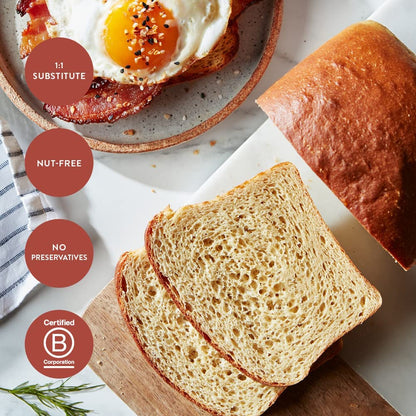 nut-free whole wheat blend with vital wheat gluten, whey protein concentrate, cellulose and psyllium fiber
