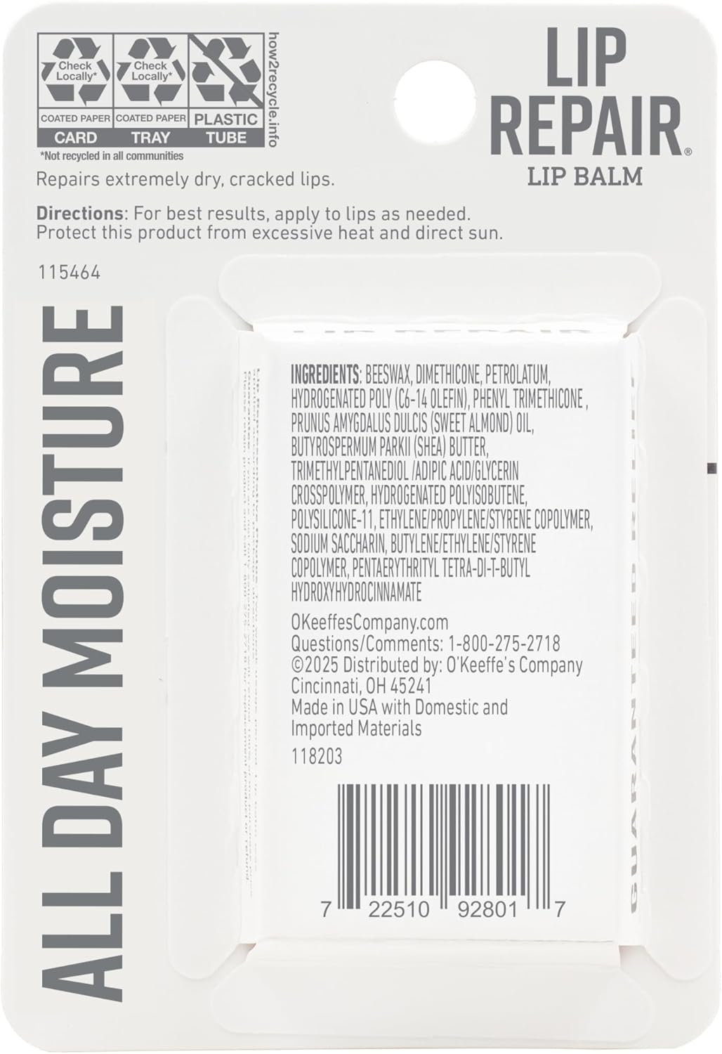 O'Keeffe's Lip Repair Unscented Stick - Single-Step Lip Care for the Capsule Bathroom