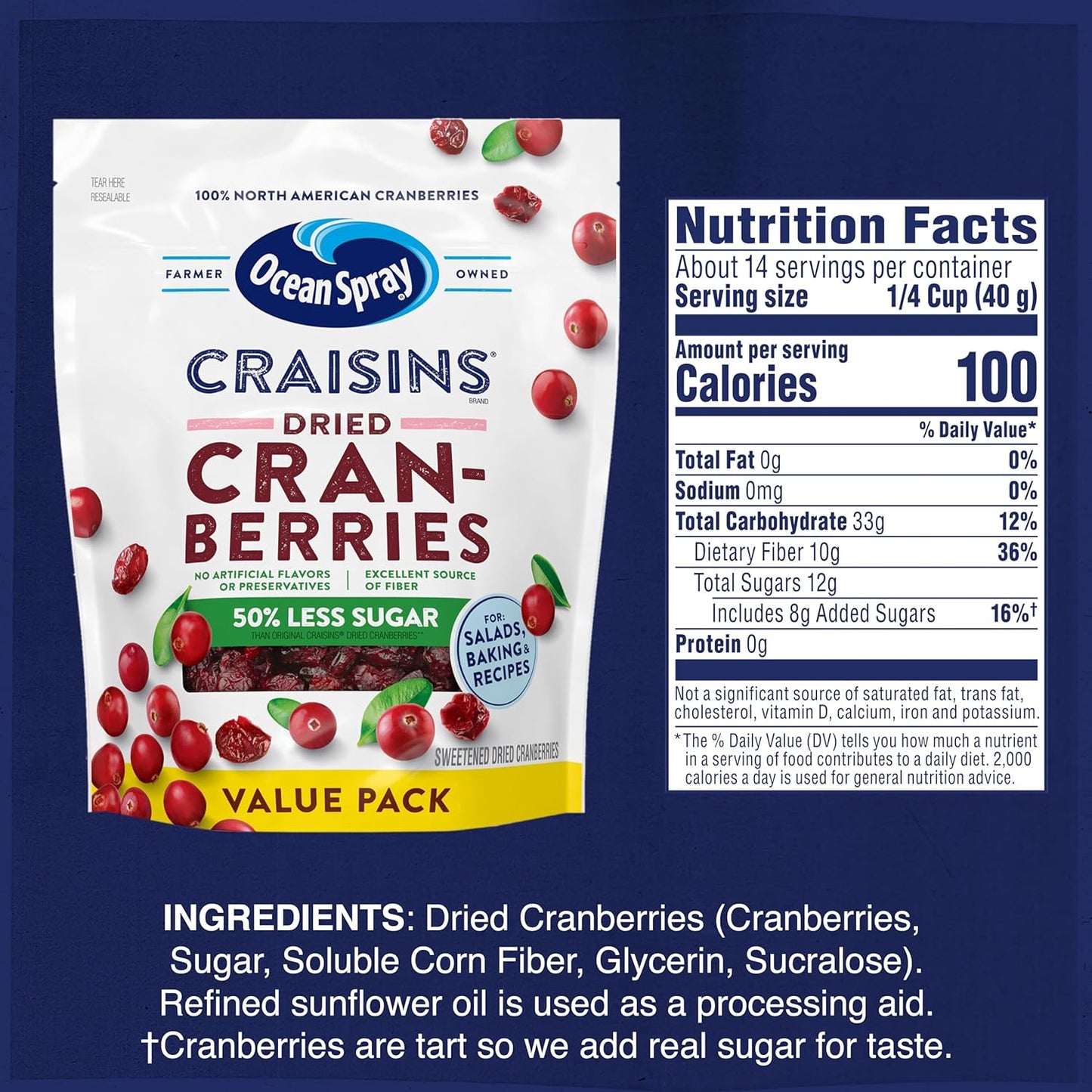 Ocean Spray Craisins 50% Less Sugar Dried Cranberries — Pantry Staple for Mindful Snacking and Blood Sugar Friendly Breakfast Bowls