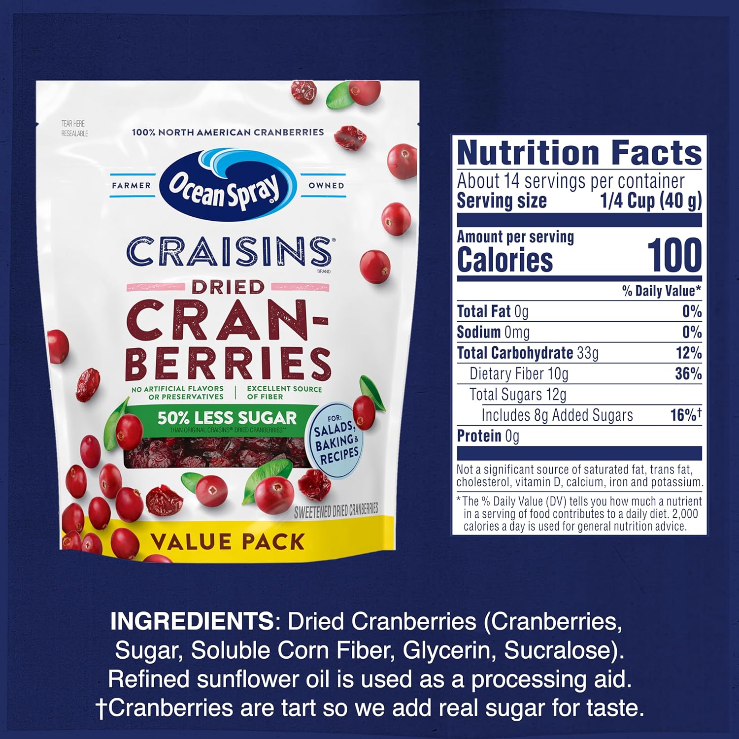 Ocean Spray Craisins 50% Less Sugar Dried Cranberries — Pantry Staple for Mindful Snacking and Blood Sugar Friendly Breakfast Bowls