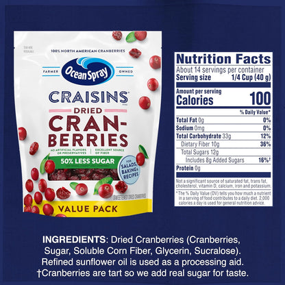Ocean Spray Craisins 50% Less Sugar Dried Cranberries — Pantry Staple for Mindful Snacking and Blood Sugar Friendly Breakfast Bowls