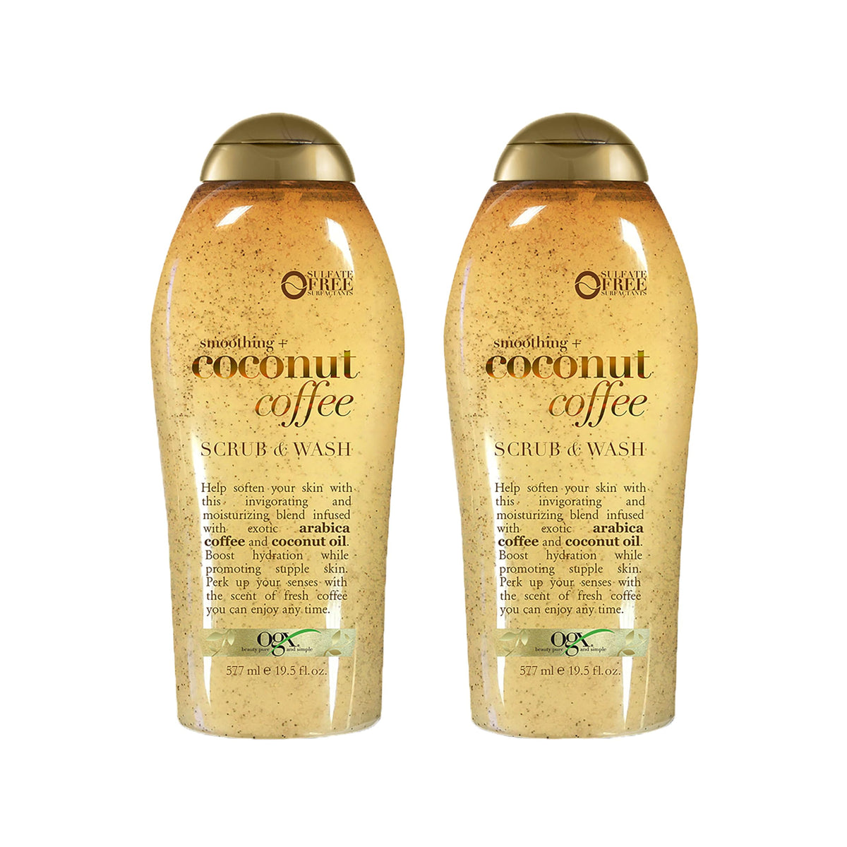 OGX Smoothing + Coconut Coffee Exfoliating Body Scrub with Arabica Coffee &amp;amp; Coconut Oil, Moisturizing Body Wash for Dry Skin, Paraben-Free with Sulfate-Free Surfactants, 19.5 Fl Oz, 2 Pack