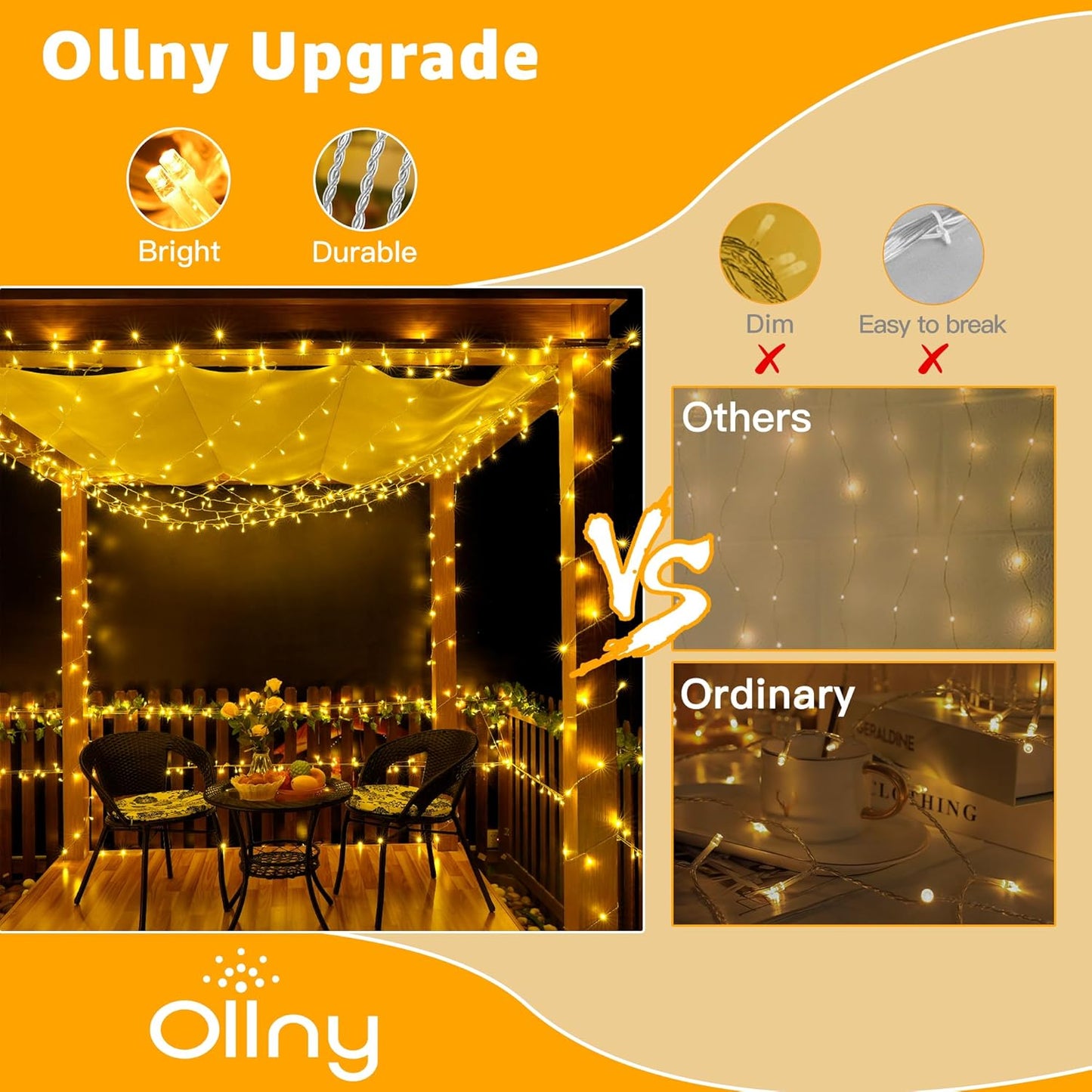Ollny 120LED Waterproof String Lights – Patio String Lights for Outdoor Dining, Garden, and Balcony Evenings