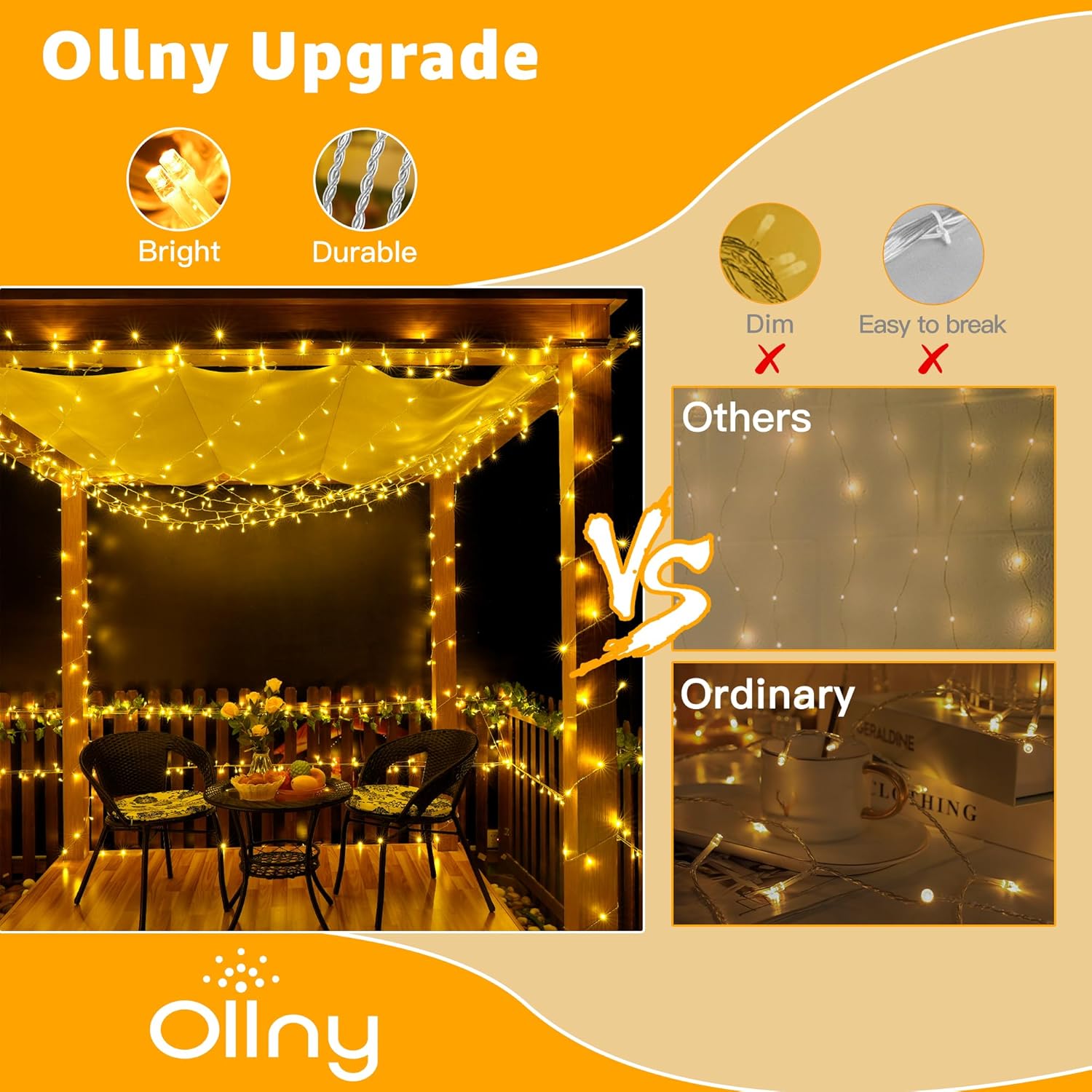 Ollny 120LED Waterproof String Lights – Patio String Lights for Outdoor Dining, Garden, and Balcony Evenings
