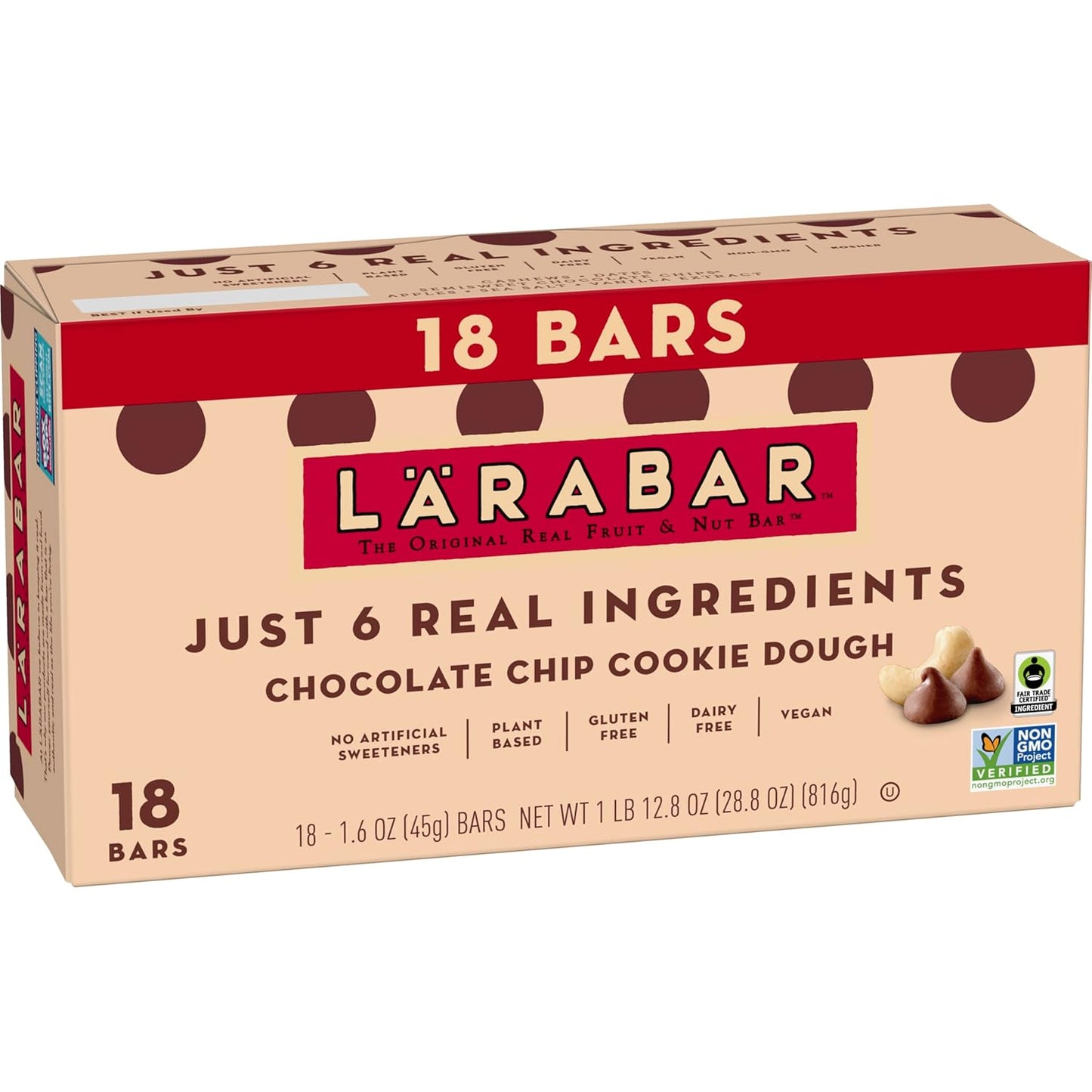only six real ingredients: cashews, dates, fair trade chocolate chips, apples, sea salt, vanilla extract
