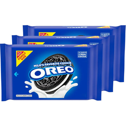 OREO Chocolate Sandwich Cookies, Family Size 3-Pack – Office Break Room Shared Snack, Resealable Pouches