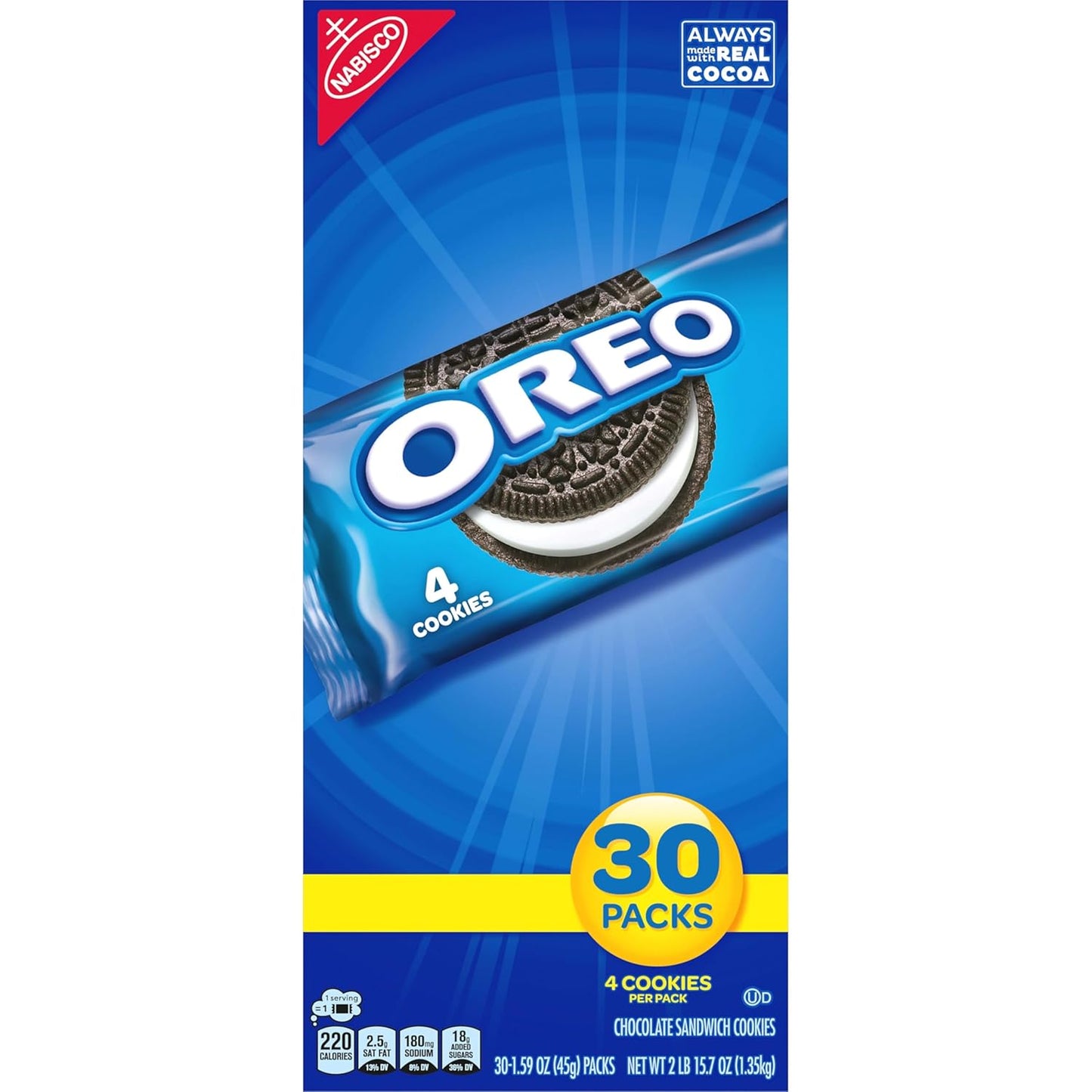 OREO Chocolate Sandwich Cookies Snack Packs – After-School Snack Station for Kids, 30 Bulk Packs