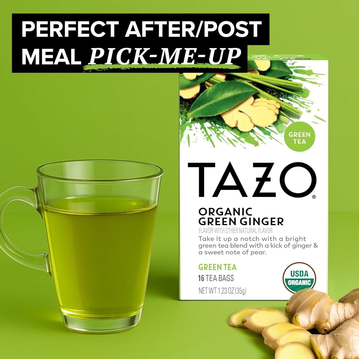 organic green tea base blended with organic ginger, lemongrass, lemon oil, and pear or peach juice concentrate