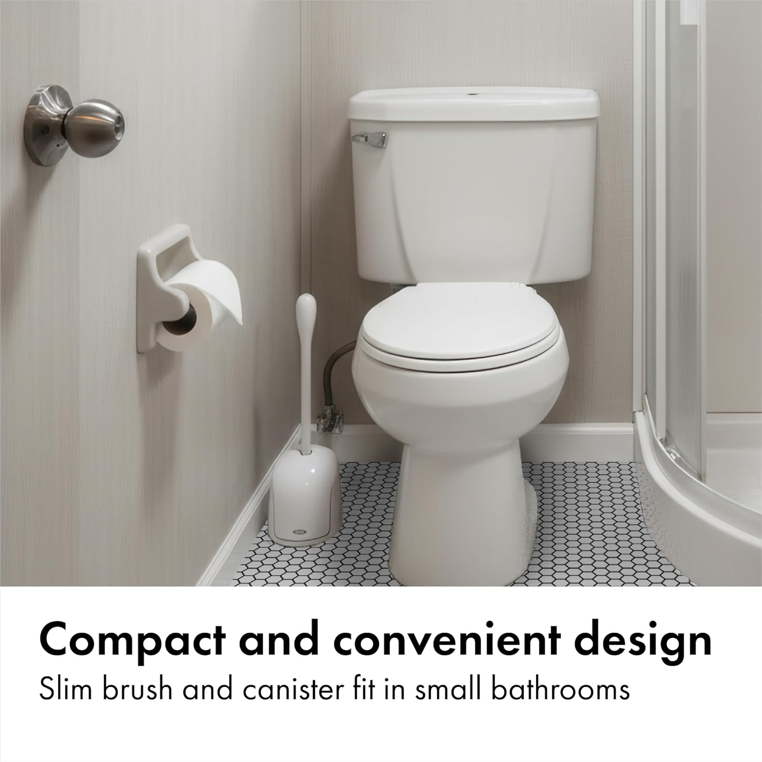 OXO Good Grips Compact Toilet Brush & Canister – Stylish Bathroom Decor Accent for Powder Room and Guest Bath