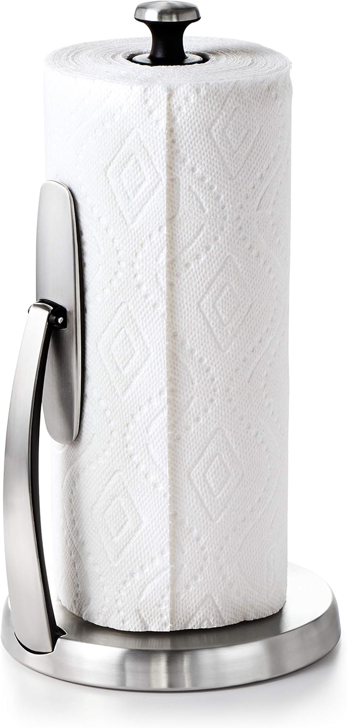 OXO Good Grips SimplyTear Paper Towel Holder Countertop – Brushed Stainless Kitchen Accent for Modern Counter Decor