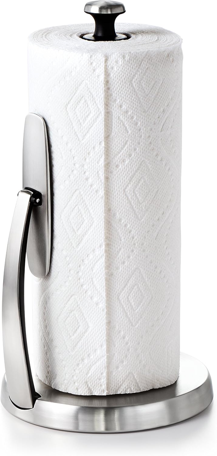 OXO Good Grips SimplyTear Paper Towel Holder Countertop – Brushed Stainless Kitchen Accent for Modern Counter Decor