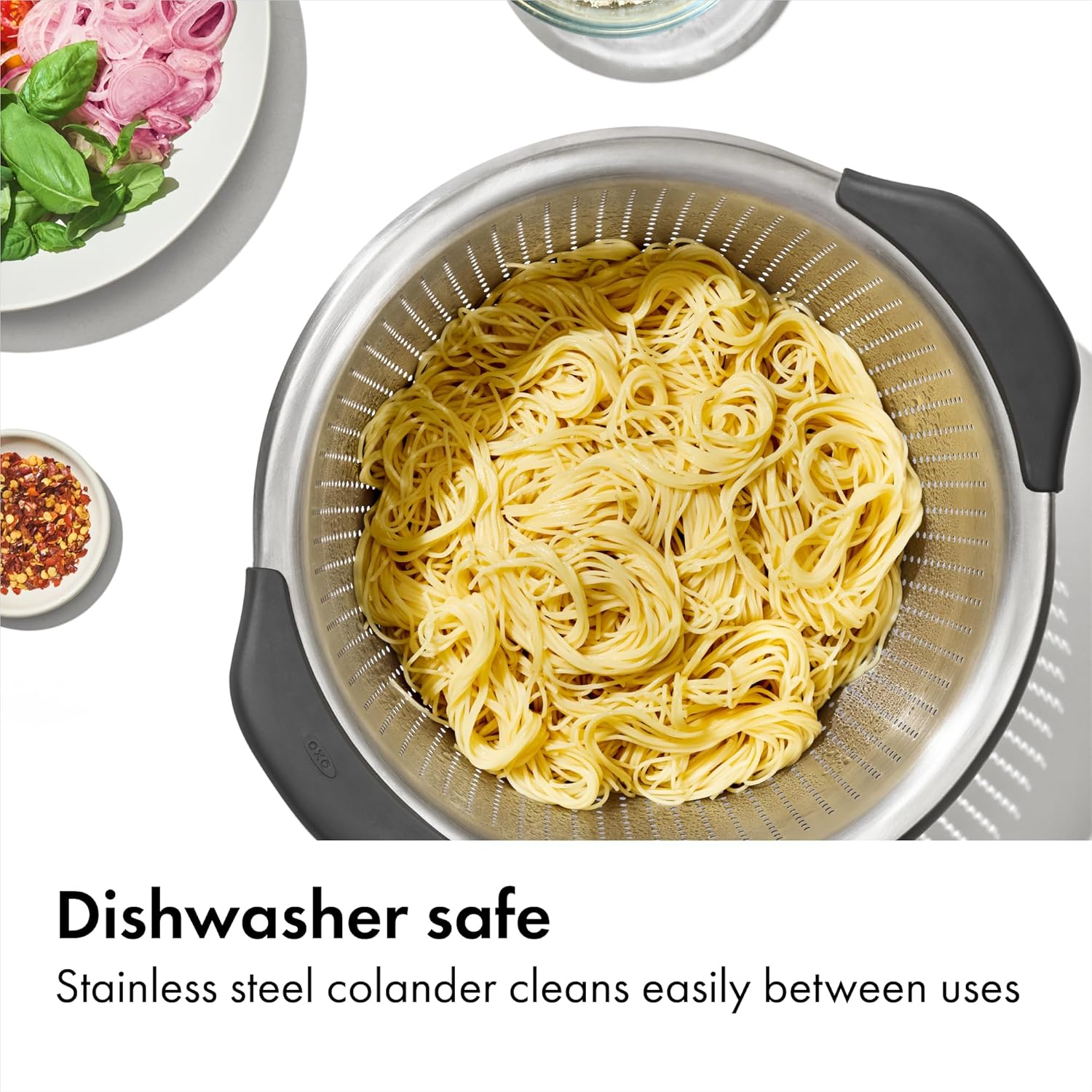 OXO Good Grips Stainless Steel Colander – Minimalist Kitchen Essential, Streamlined Pasta Strainer for Clean Countertops