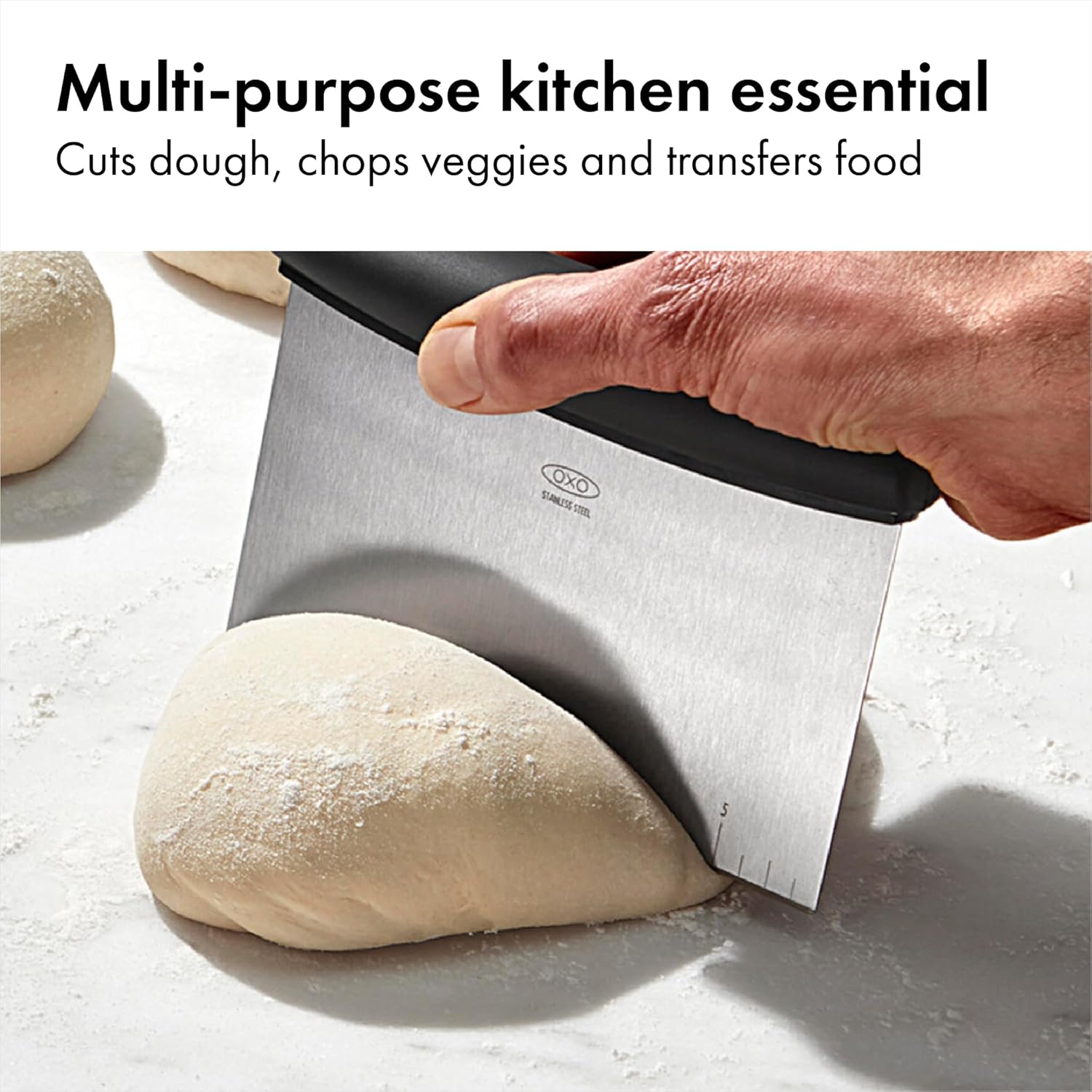 OXO Good Grips Stainless Steel Multi-Purpose Scraper & Chopper – Sleek Countertop Accent for Modern Baking Stations