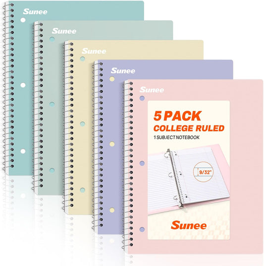 pack of 5 1-subject notebooks in pink, purple, blue, green, and yellow pastels