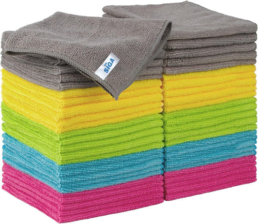 pack of 50 microfiber cloths in 5 colors (10 each: green, blue, yellow, pink, gray)