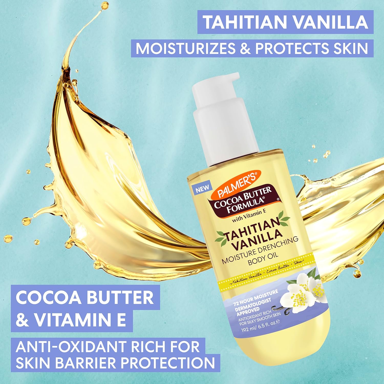 Palmer's Cocoa Butter Formula Body Oil with Tahitian Vanilla – Warm Vanilla Scented Oil for Meditation and Yoga Space, 6.5 Oz