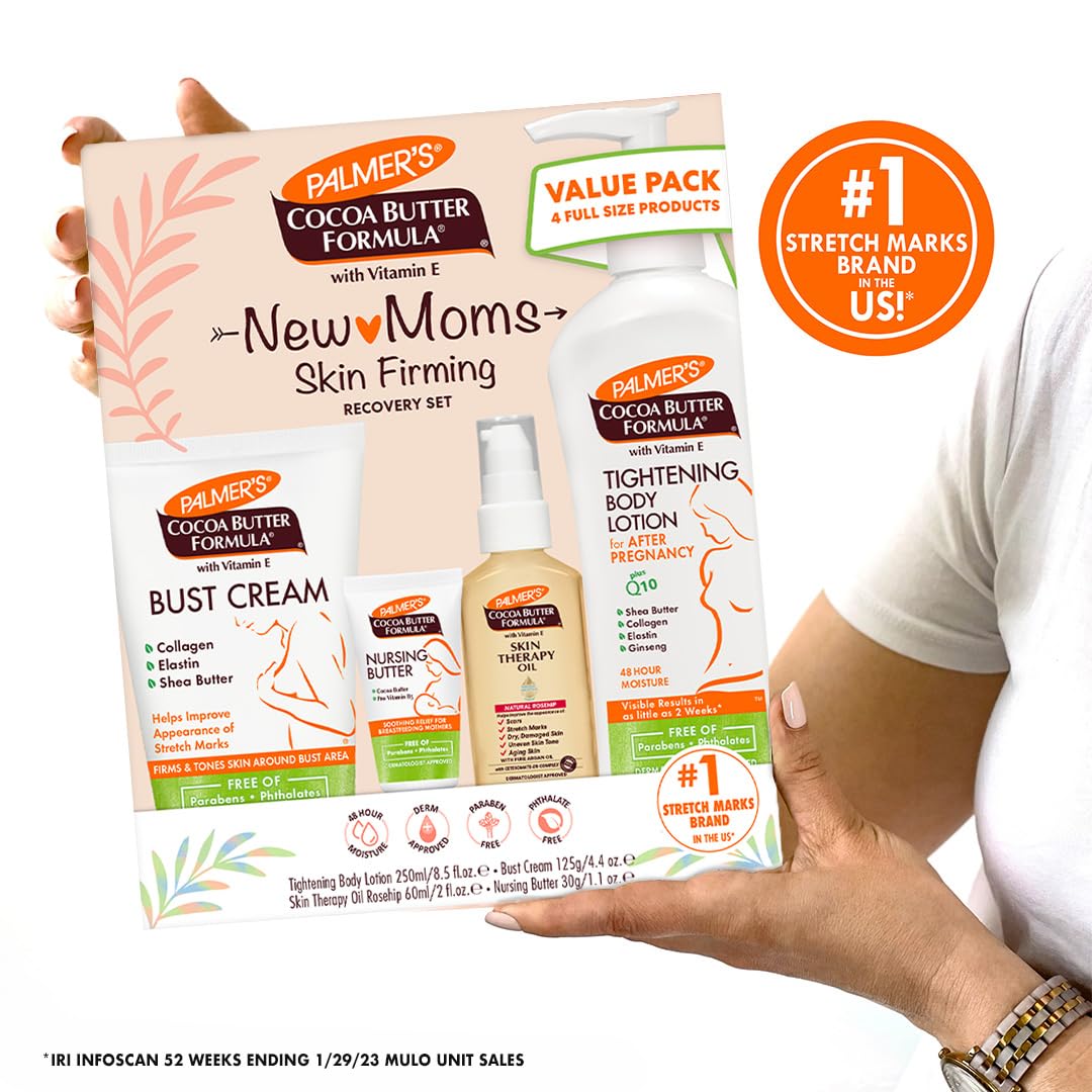 Palmer's Cocoa Butter Formula Premium Postpartum Collection – 4-Piece Luxury Skincare Ritual with CoQ10 Lotion and Rosehip Skin Therapy Oil