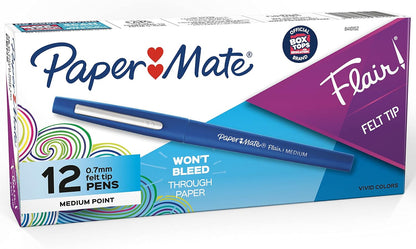 Paper Mate Flair Felt Tip Pens – Home Office Highlighters for Color-Coding Notes, Medium Point 0.7mm Blue, 12 Count