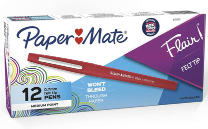 Paper Mate Flair Red Felt Tip Pens 12 Pack – Washable Easy-Grip School Supplies for Kids' Homework Stations