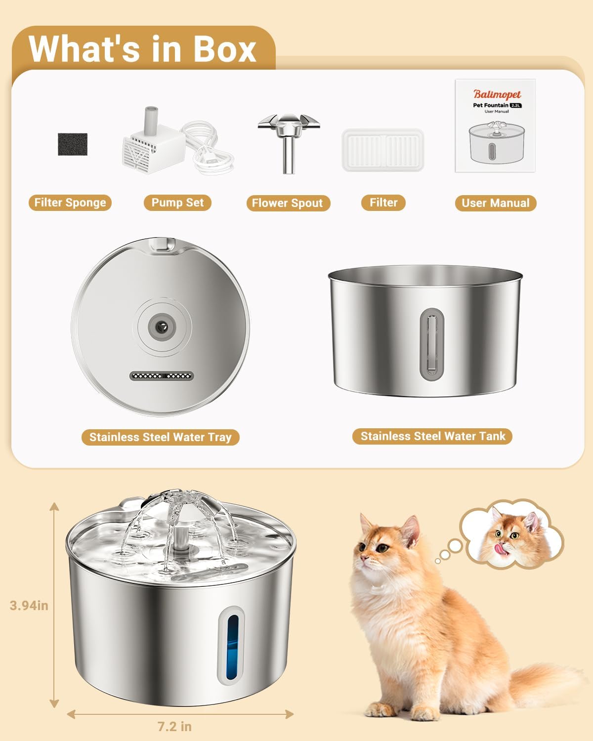 Pet Galaxy Stainless Steel Cat Fountain - Clean-Lined Hydration for Modern Kitchens, 74oz Uncluttered Design