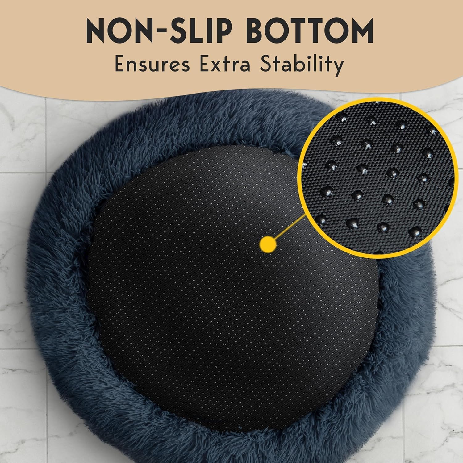 PetJett Non-Slip Calming Dog Bed Medium – PVC Dot Bottom Round Pet Bed for Hardwood & Tile, Safe Entry & Exit for Senior Dogs